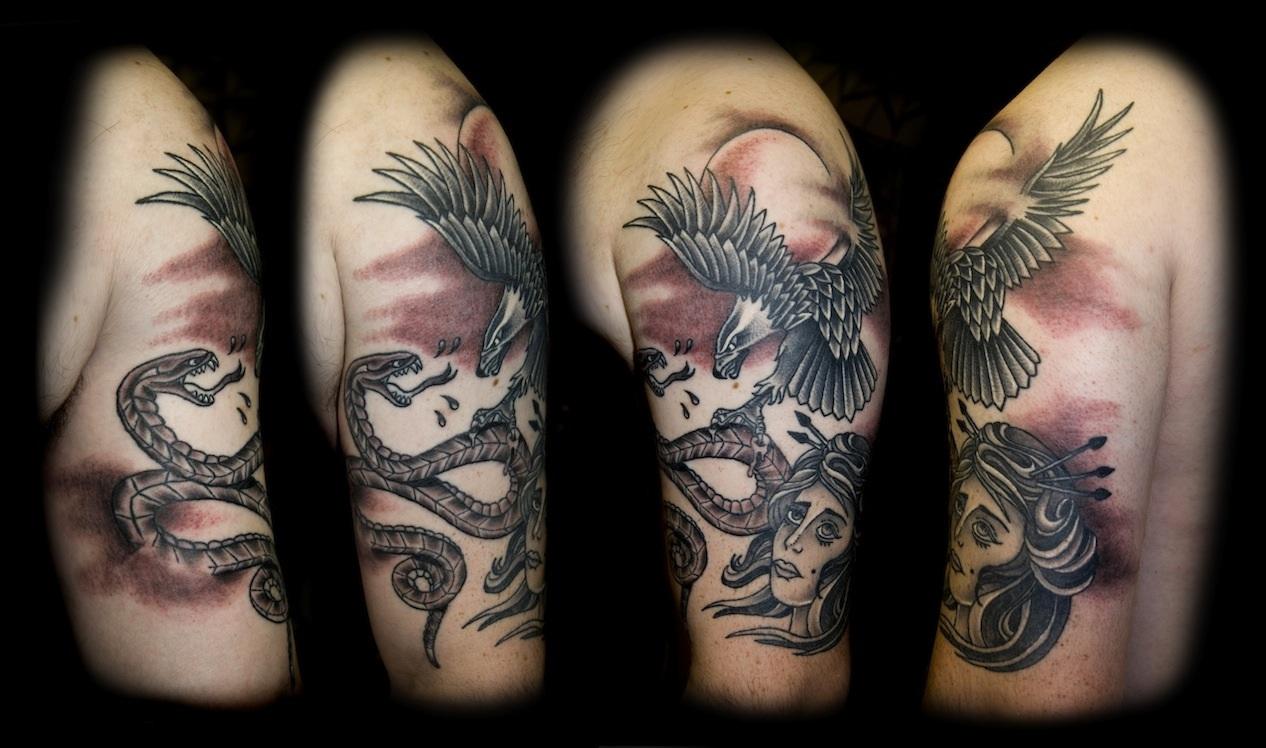 Black Ink Snake With Eagle Tattoo On Left Half Sleeve