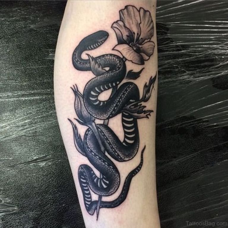 Black Ink Snake With Flower Tattoo Design For Leg Calf By Pale September