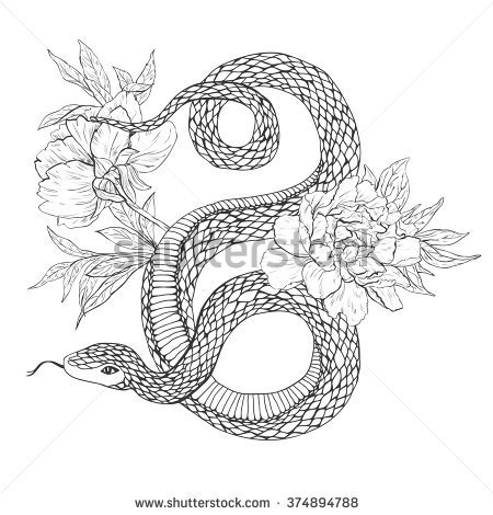 Black Ink Snake With Flowers Tattoo Design