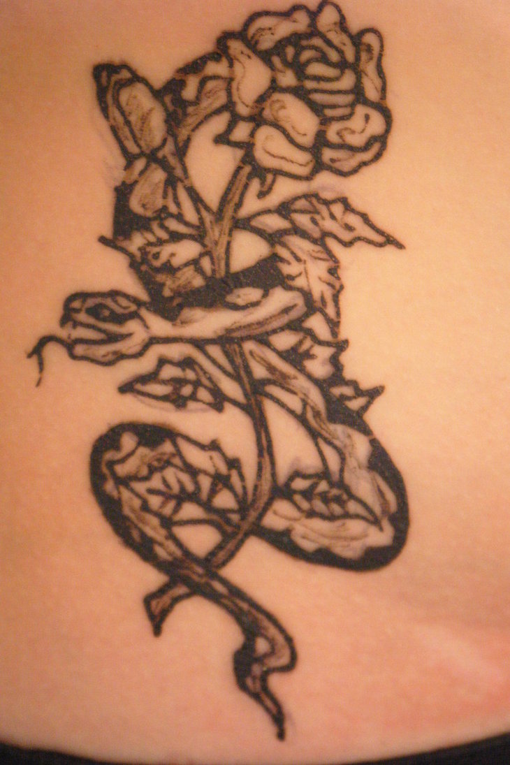 Black Ink Snake With Rose Tattoo Design For Men
