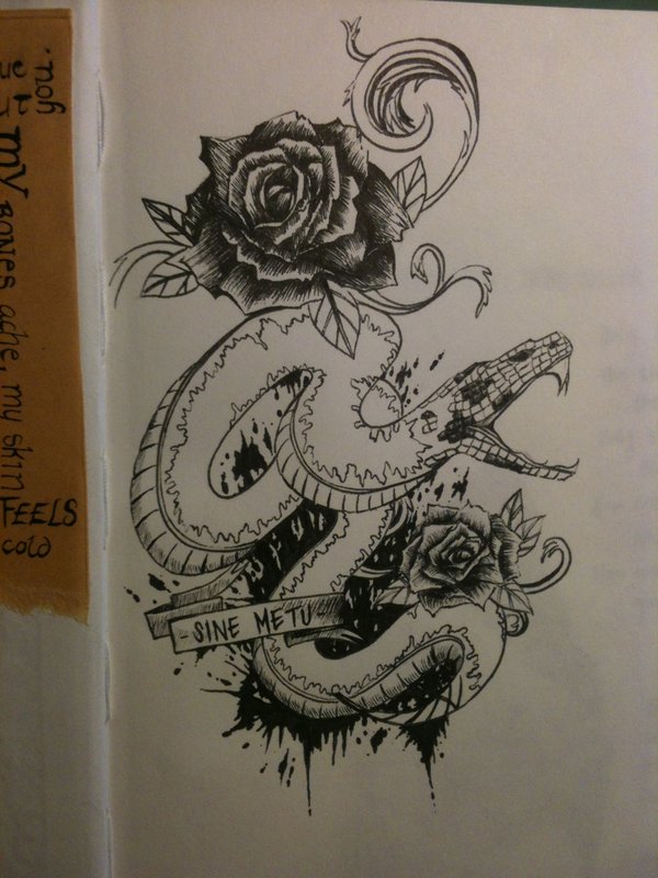 Black Ink Snake With Roses Tattoo Design