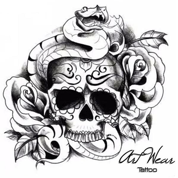 Black Ink Snake With Skull And Roses Tattoo Design
