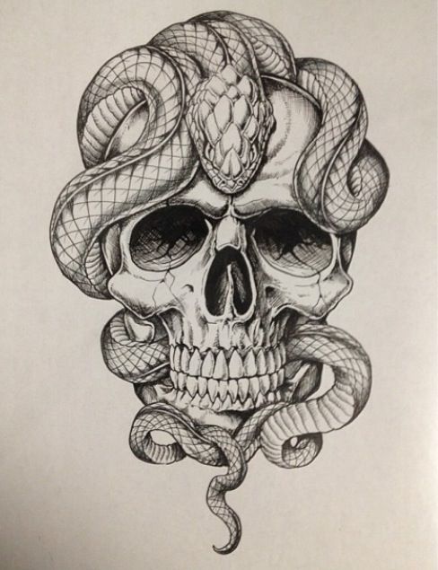 Black Ink Snake With Skull Tattoo Design