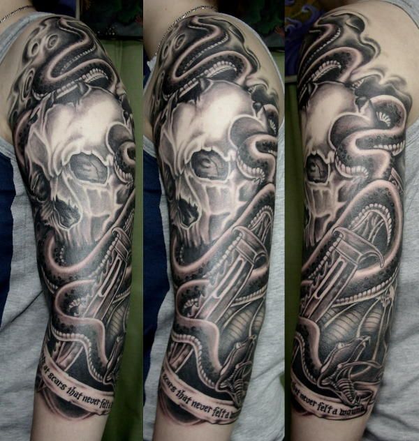 Black Ink Snake With Skull Tattoo On Left Half Sleeve