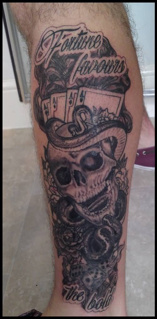 Black Ink Snake With Skull Tattoo On Leg