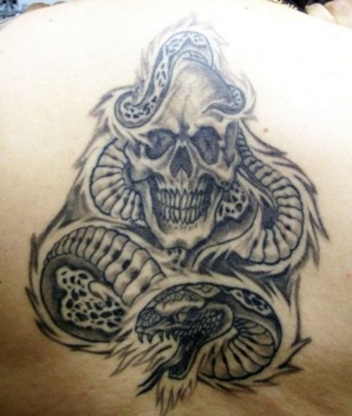 Black Ink Snake With Skull Tattoo On Upper Back