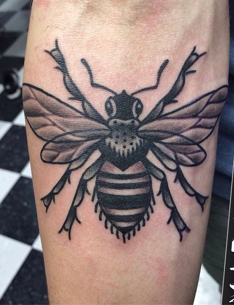 Black Ink Traditional Bumblebee Tattoo Design For Sleeve