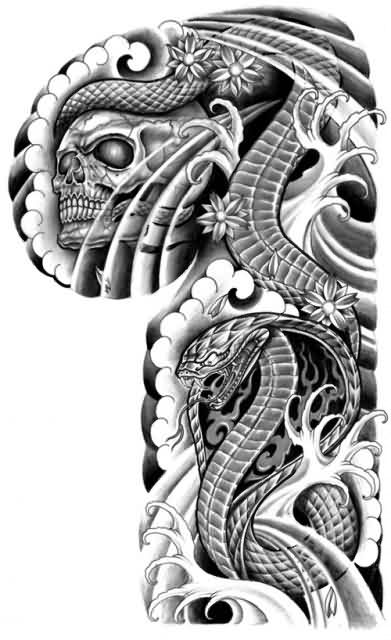 Black Ink Traditional Cobra Snake With Skull Tattoo Design