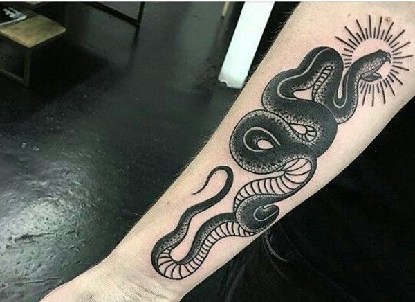 Black Ink Traditional Snake  Tattoo On Forearm