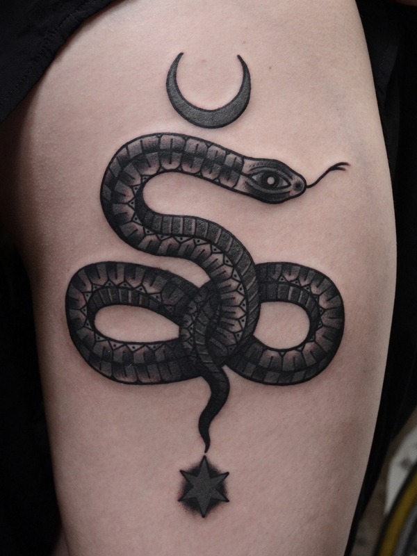 Black Ink Traditional Snake With Half Moon With Star Tattoo Design For Half Sleeve