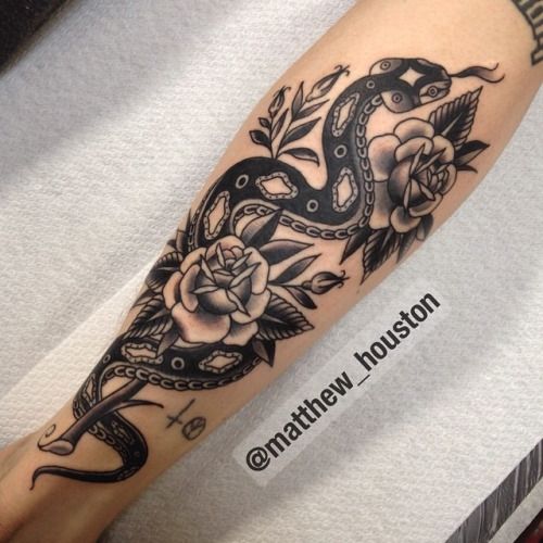 Black Ink Traditional Snake With Roses Tattoo On Leg