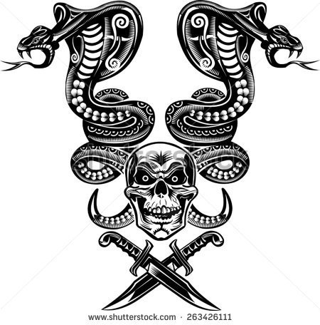 Black Ink Traditional Two Snakes With Skull And Two Crossing Dagger Tattoo Design