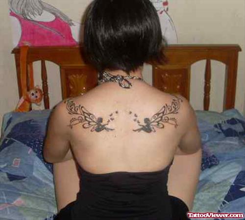 Black Ink Two Gothic Fairies Tattoo On Upper Back