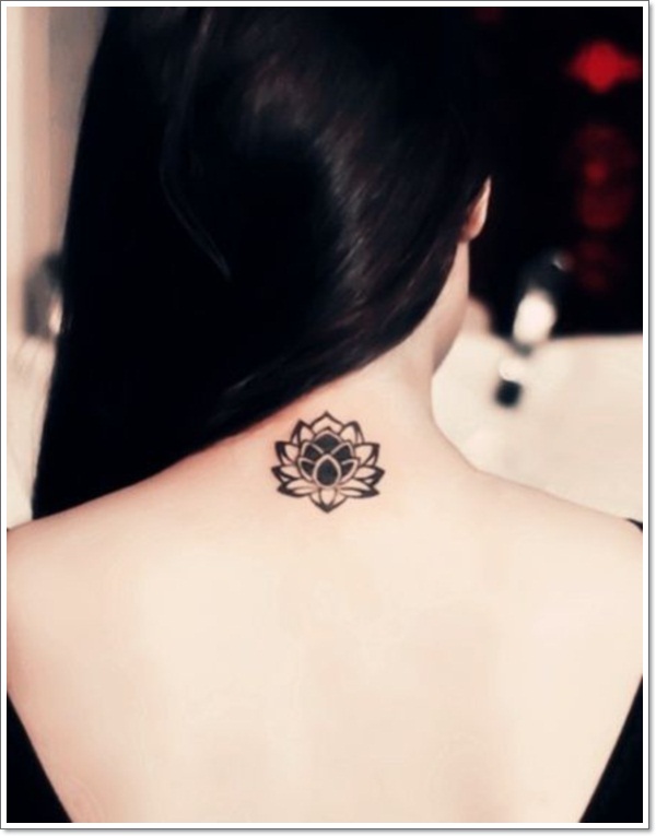 Black Lotus Flower Tattoo On Girl Back Neck