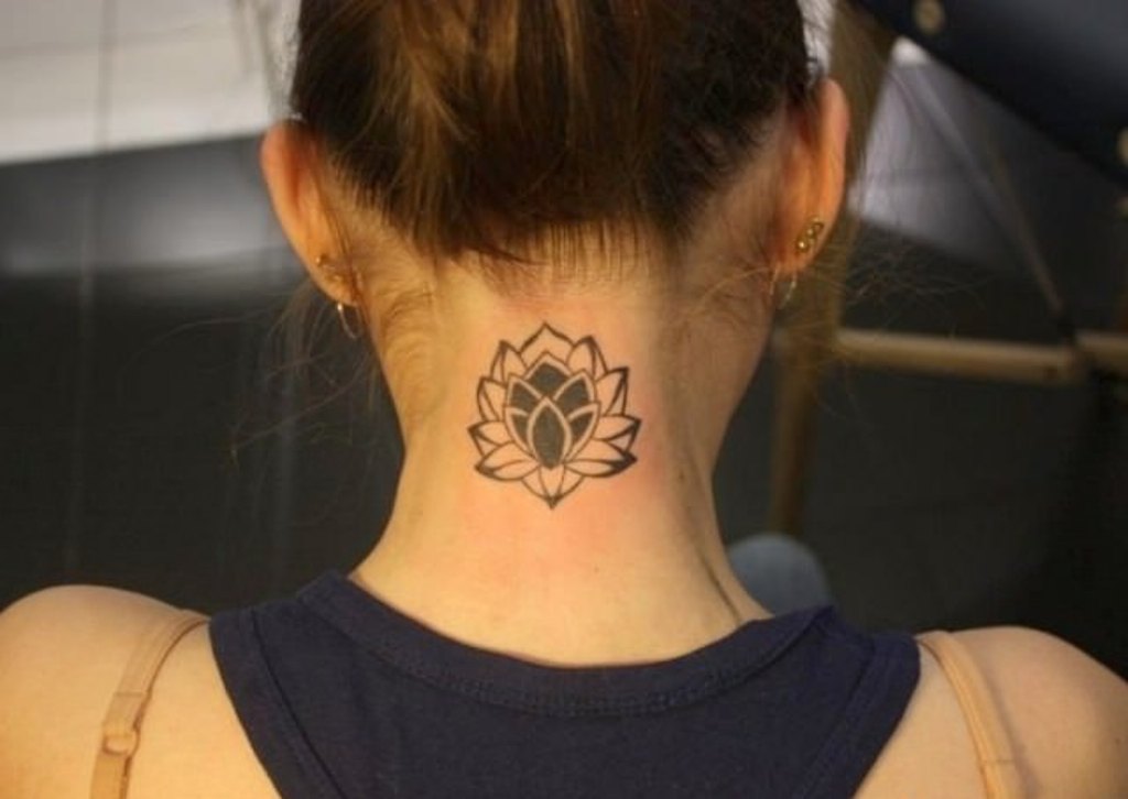 Black Lotus Tattoo On Girl Back Neck