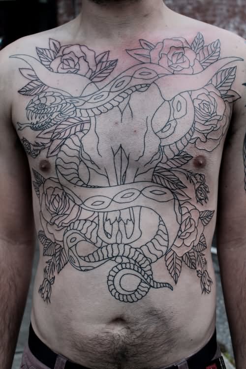 Black Outline Bull Skull With Snake Tattoo On Man Full Body