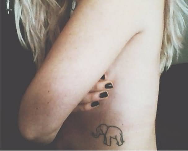 Black Outline Elephant Tattoo On Girl Left Side Rib