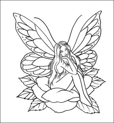 Black Outline Fairy On Rose Tattoo Stencil For Girl