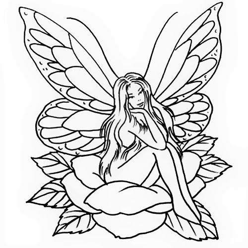 Black Outline Fairy On Rose Tattoo Stencil