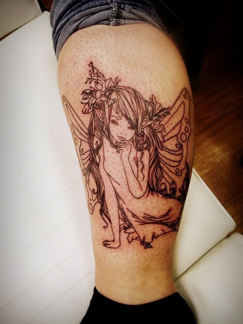 Black Outline Fairy Tattoo On Left Leg Calf