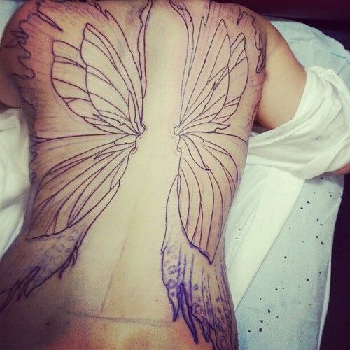 Black Outline Fairy Wings Tattoo On Full Back