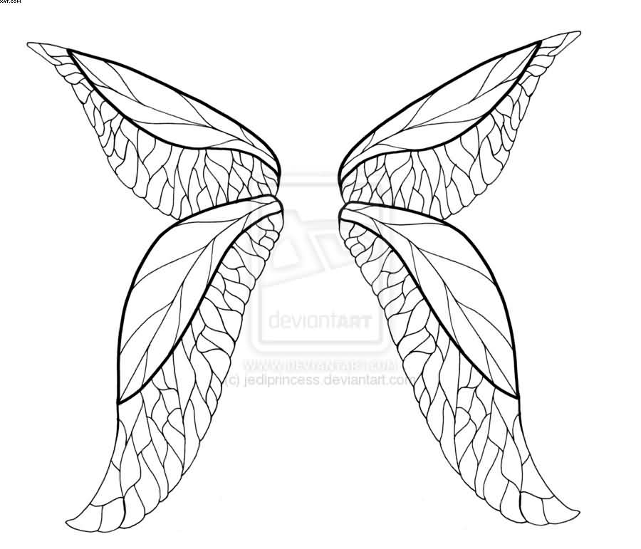Black Outline Fairy Wings Tattoo Stencil