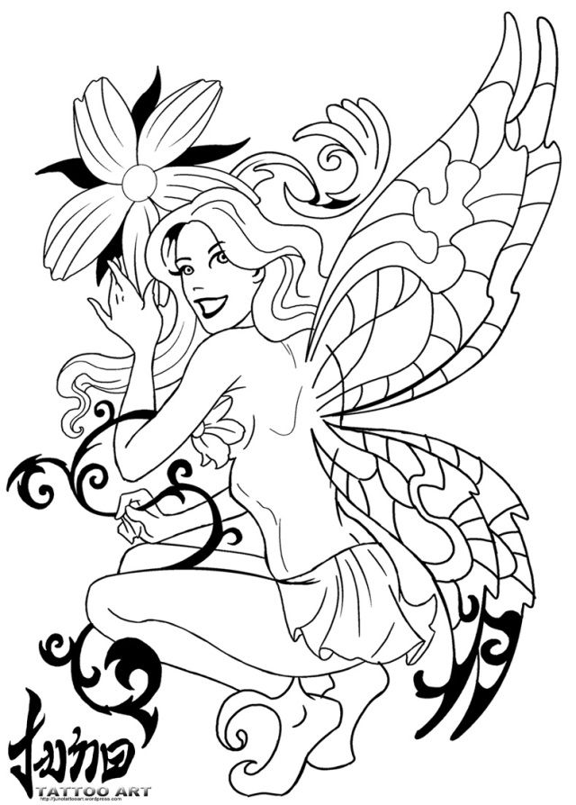 Black Outline Fairy With Flower Tattoo Design