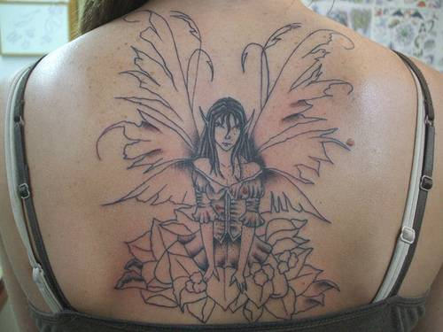 Black Outline Fairy With Flowers Tattoo On Girl Upper Back