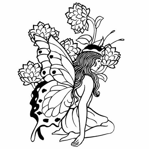 Black Outline Fairy With Flowers Tattoo Stencil