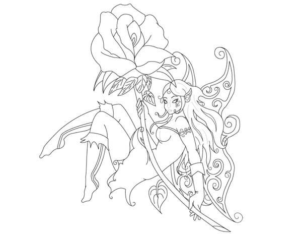 Black Outline Fairy With Rose Tattoo Stencil