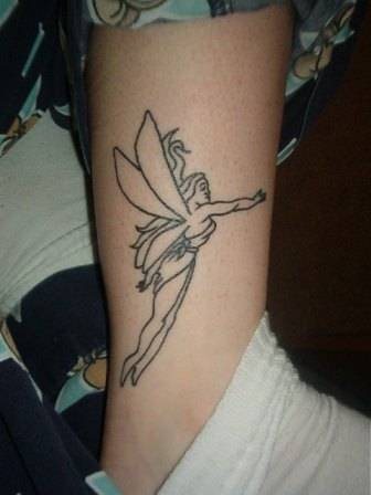 Black Outline Flying Fairy Tattoo On Ankle