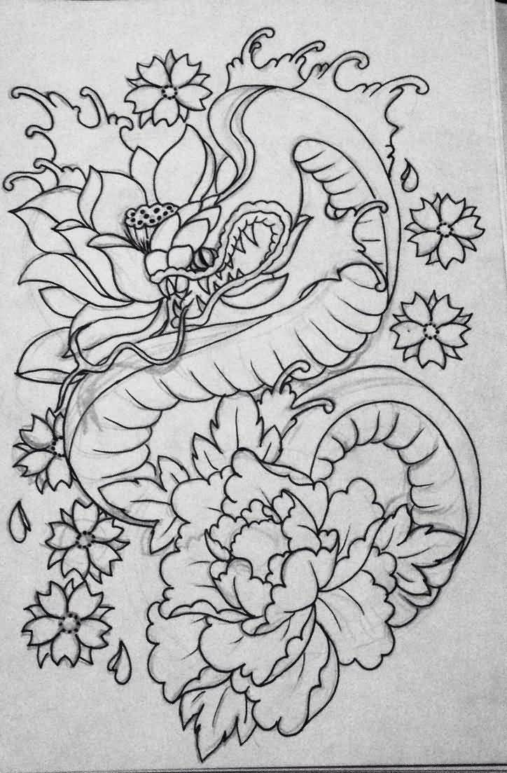 Black Outline Japanese Snake With Flowers Tattoo Stencil By VettieCat