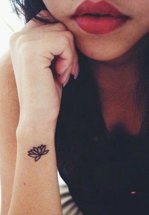 Black Outline Lotus Flower Tattoo On Girl Right Side Wrist