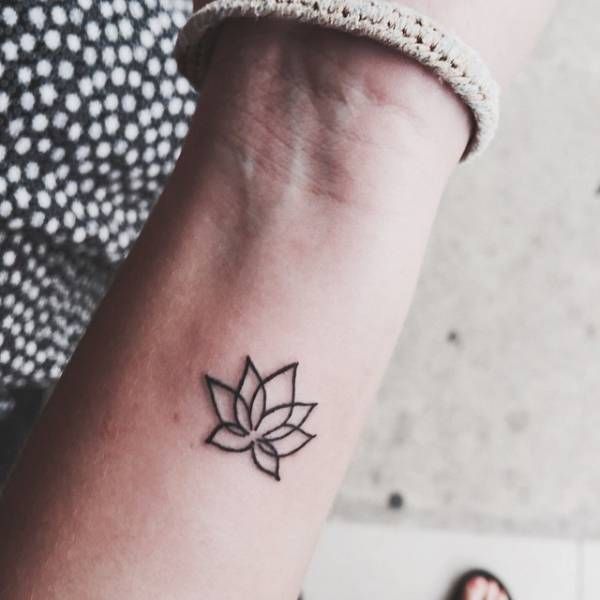 Black Outline Lotus Flower Tattoo On Left Wrist