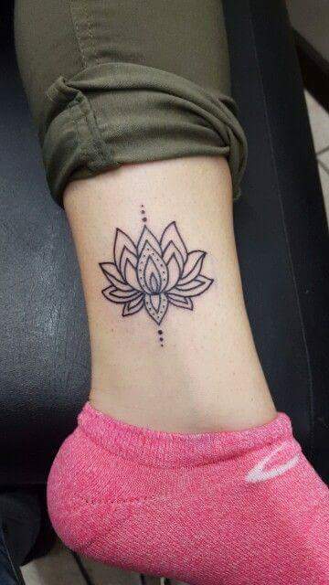 Black Outline Lotus Flower Tattoo On Leg
