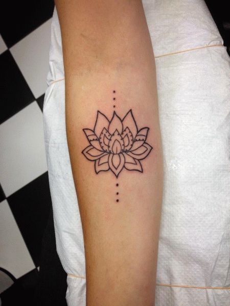 Black Outline Lotus Tattoo On Right Forearm