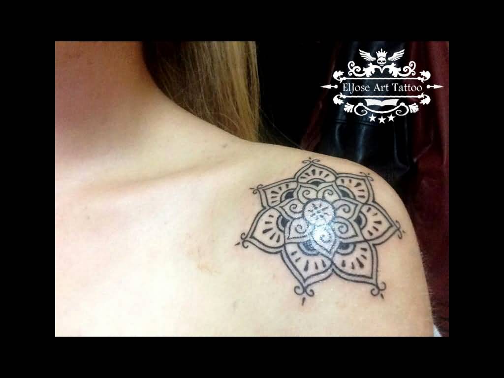 Black Outline Mandala Flower Tattoo On Left Shoulder