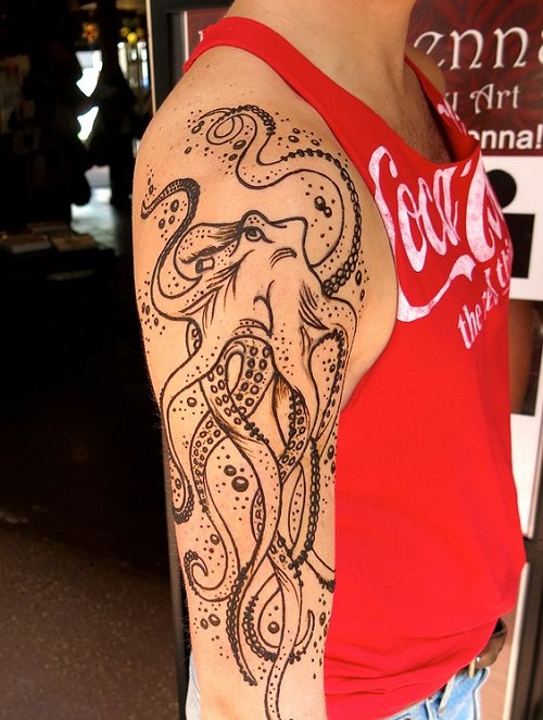 Black Outline Octopus Tattoo On Man Right Half Sleeve
