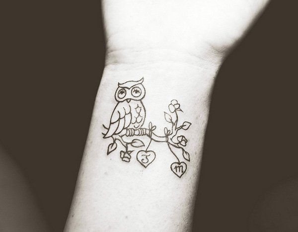 Black Outline Owl On Branch Tattoo On Wrist