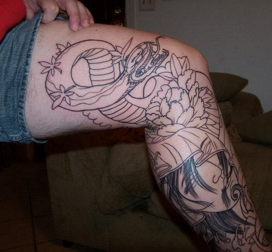 Black Outline Snake With Flowers Tattoo On Right Full Leg