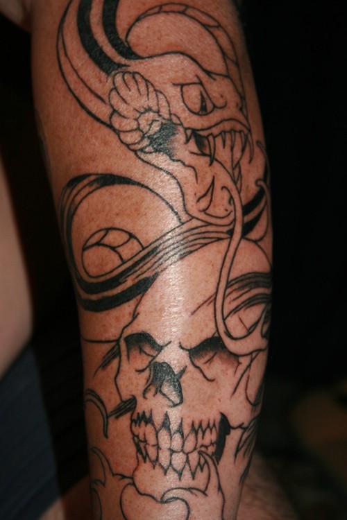 Black Outline Snake With Skull Tattoo Design For Sleeve