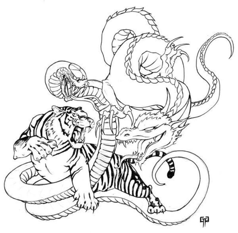 Black Outline Snake With Tiger And Dragon Tattoo Stencil
