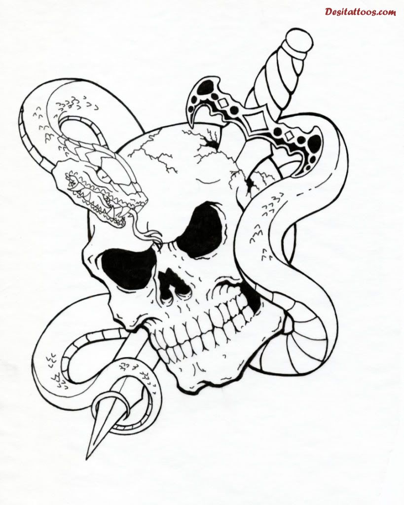 Black Outline Sword In Skull With Snake Tattoo Stencil