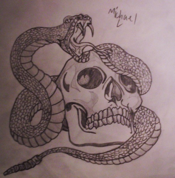 Black Skull With Rattlesnake Tattoo Design