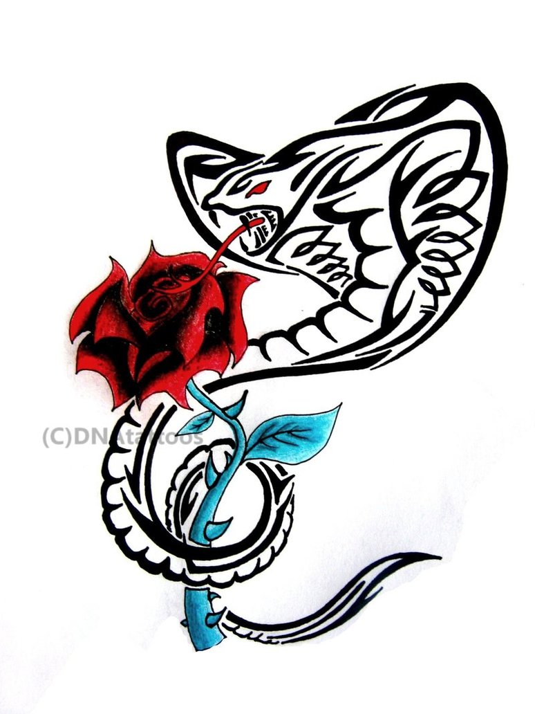 Black Tribal Cobra Snake With Red Rose Tattoo Design