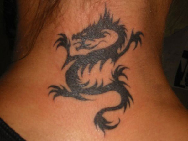 Black Tribal Dragon Tattoo On Nape