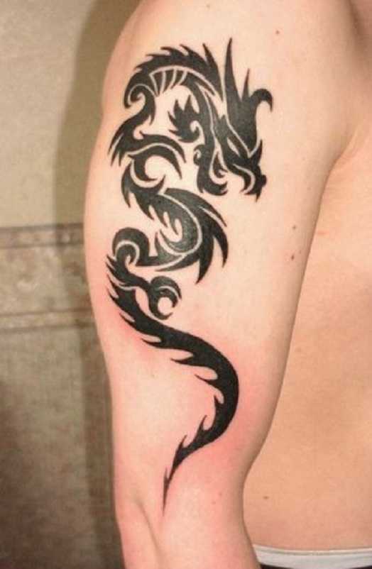 Black Tribal Dragon Tattoo On Right Bicep