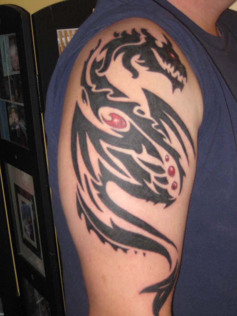 Black Tribal Dragon Tattoo On Right Half Sleeve