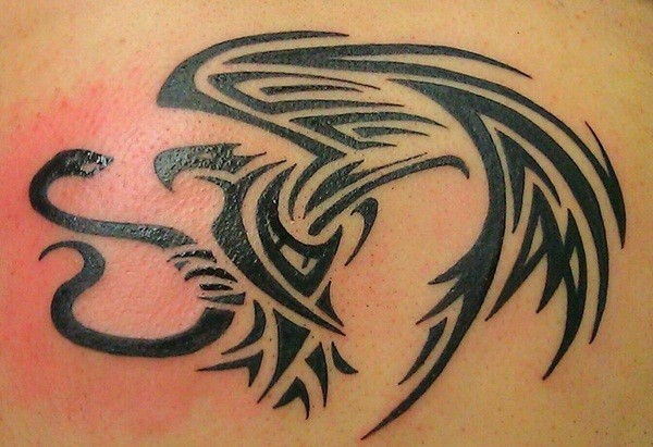 Black Tribal Eagle With Snake Tattoo Design