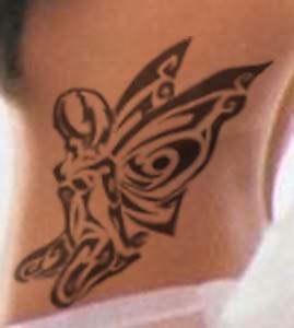 Black Tribal Fairy Tattoo On Girl Left Side Rib